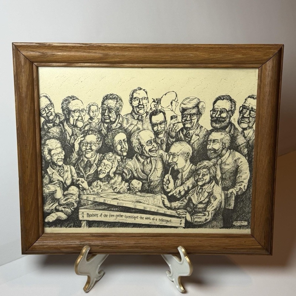 Vintage Framed Cartoon Illustration "Members of the‎ Firm" 1984 Office Art